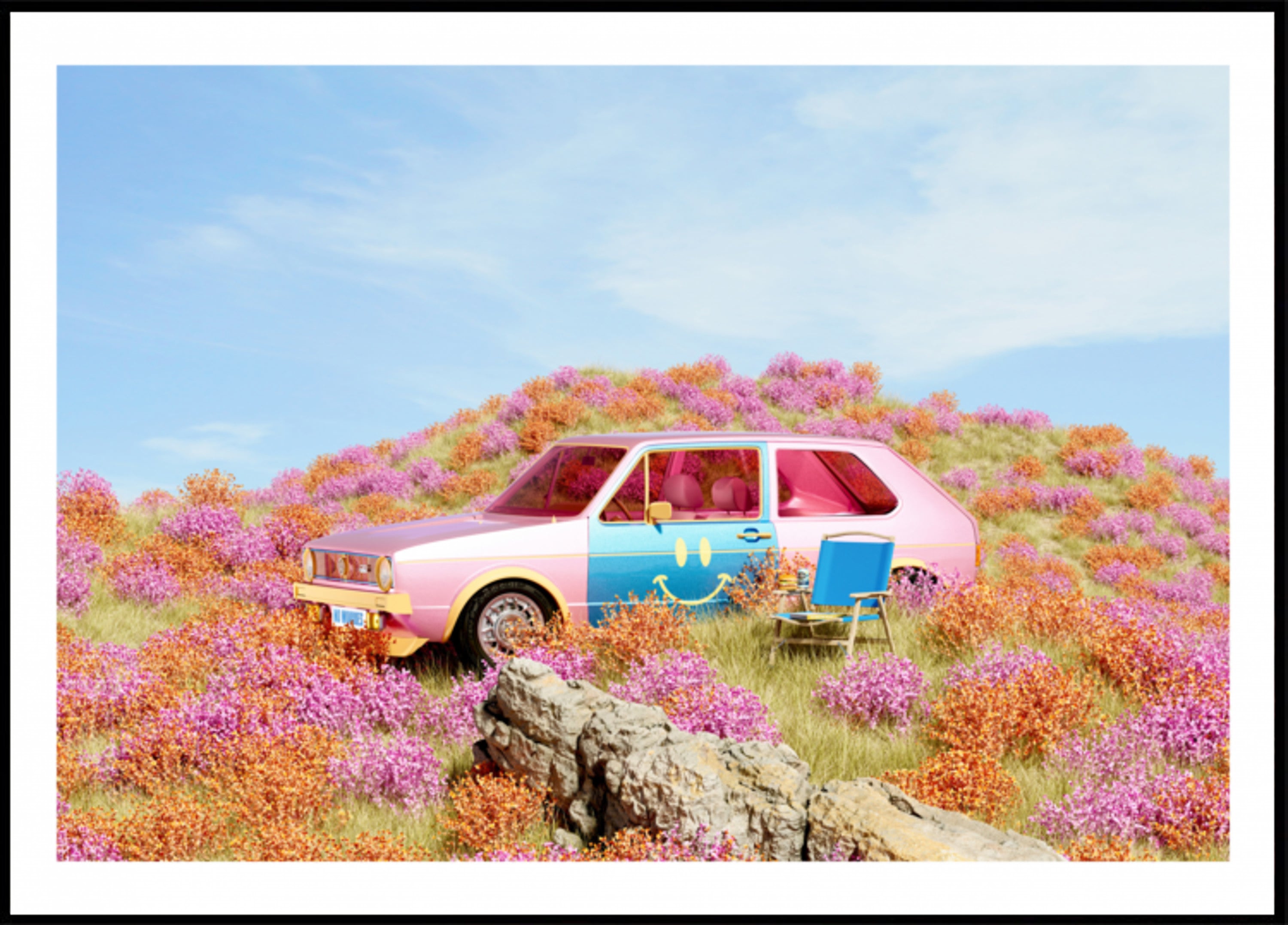 Coche sonriente en flores