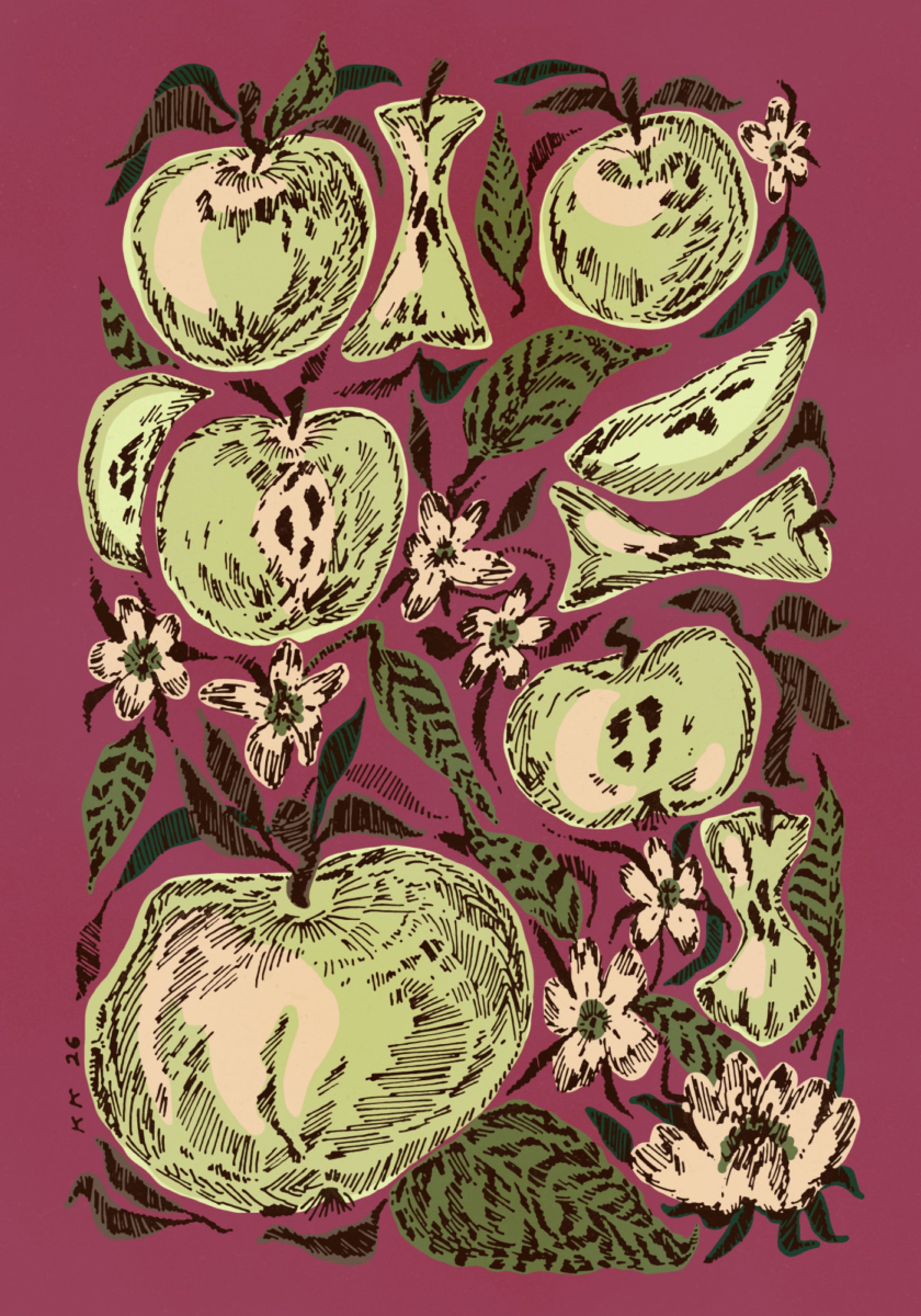 Manzanas y flores verdes