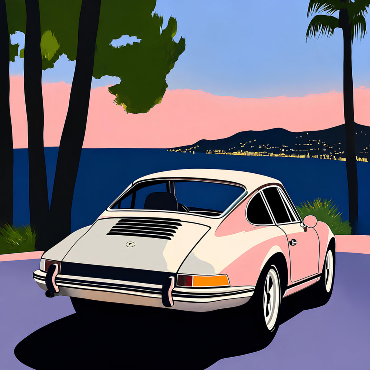 Atardecer de coche clásico rosa