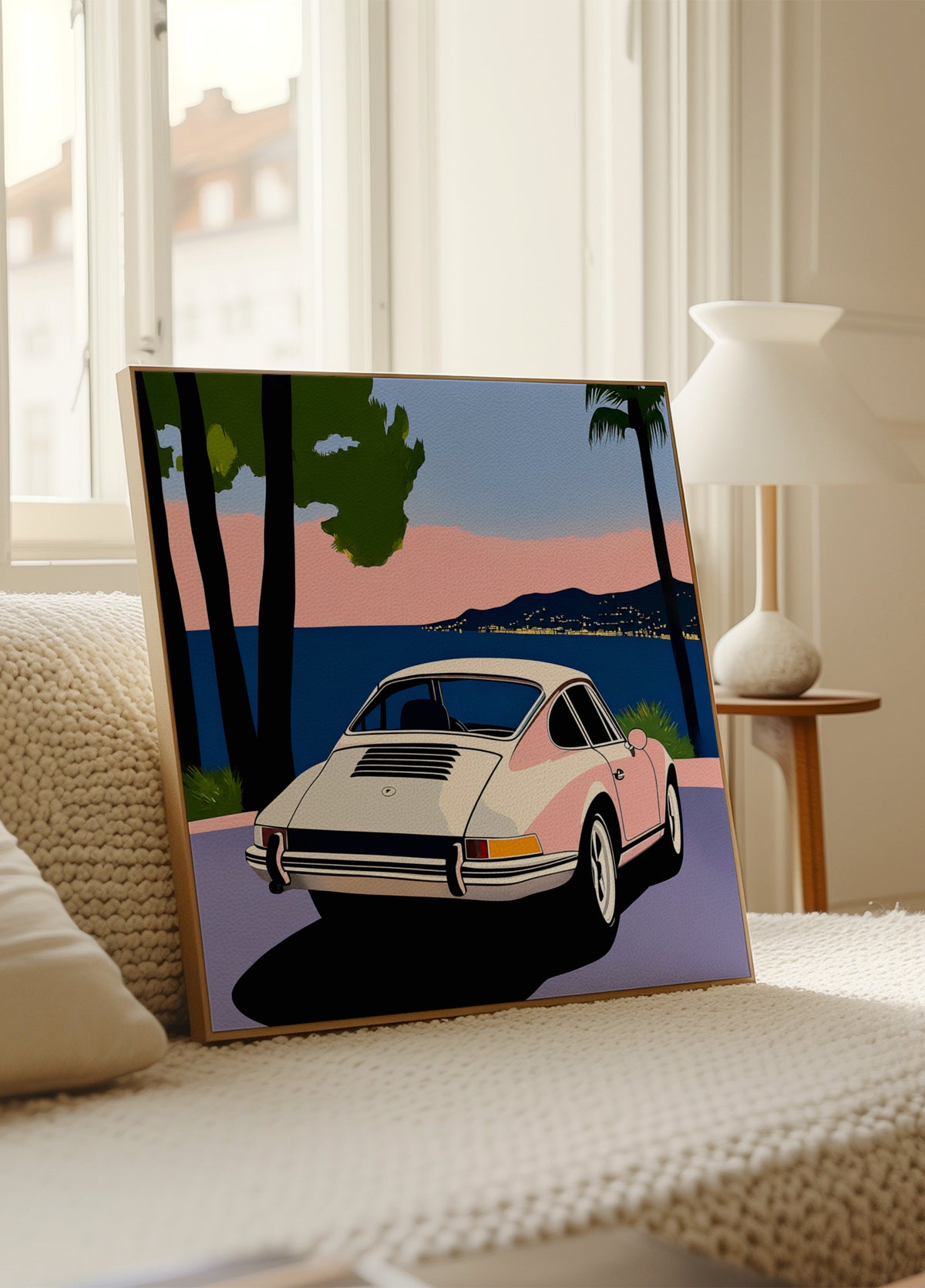Atardecer de coche clásico rosa