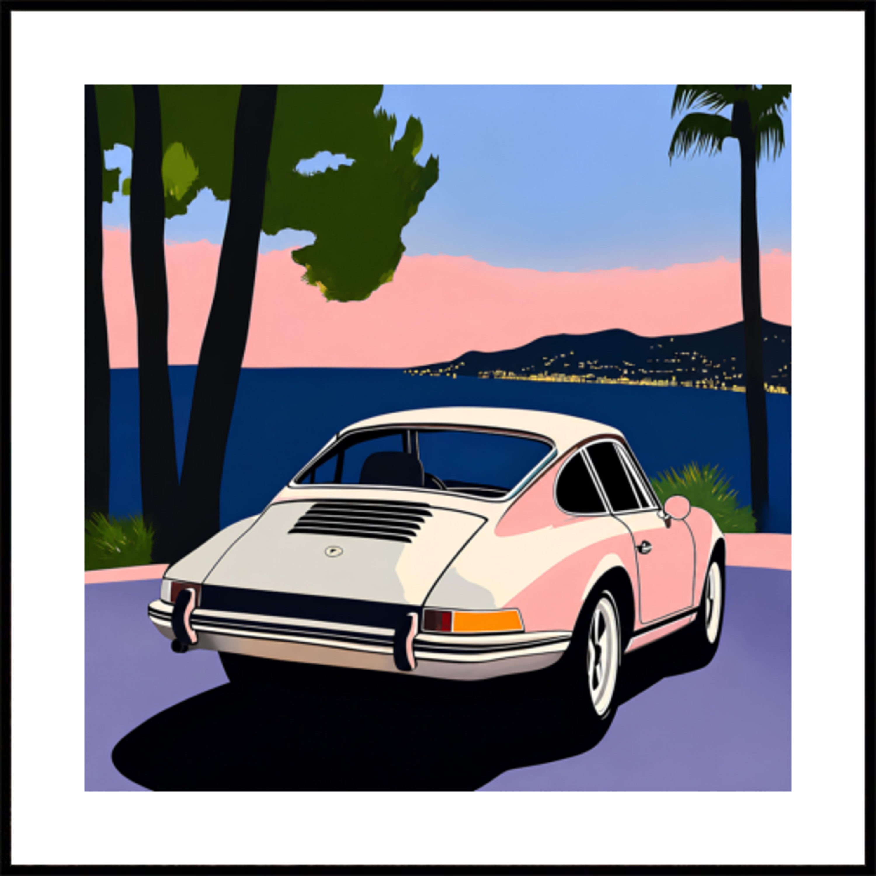 Atardecer de coche clásico rosa