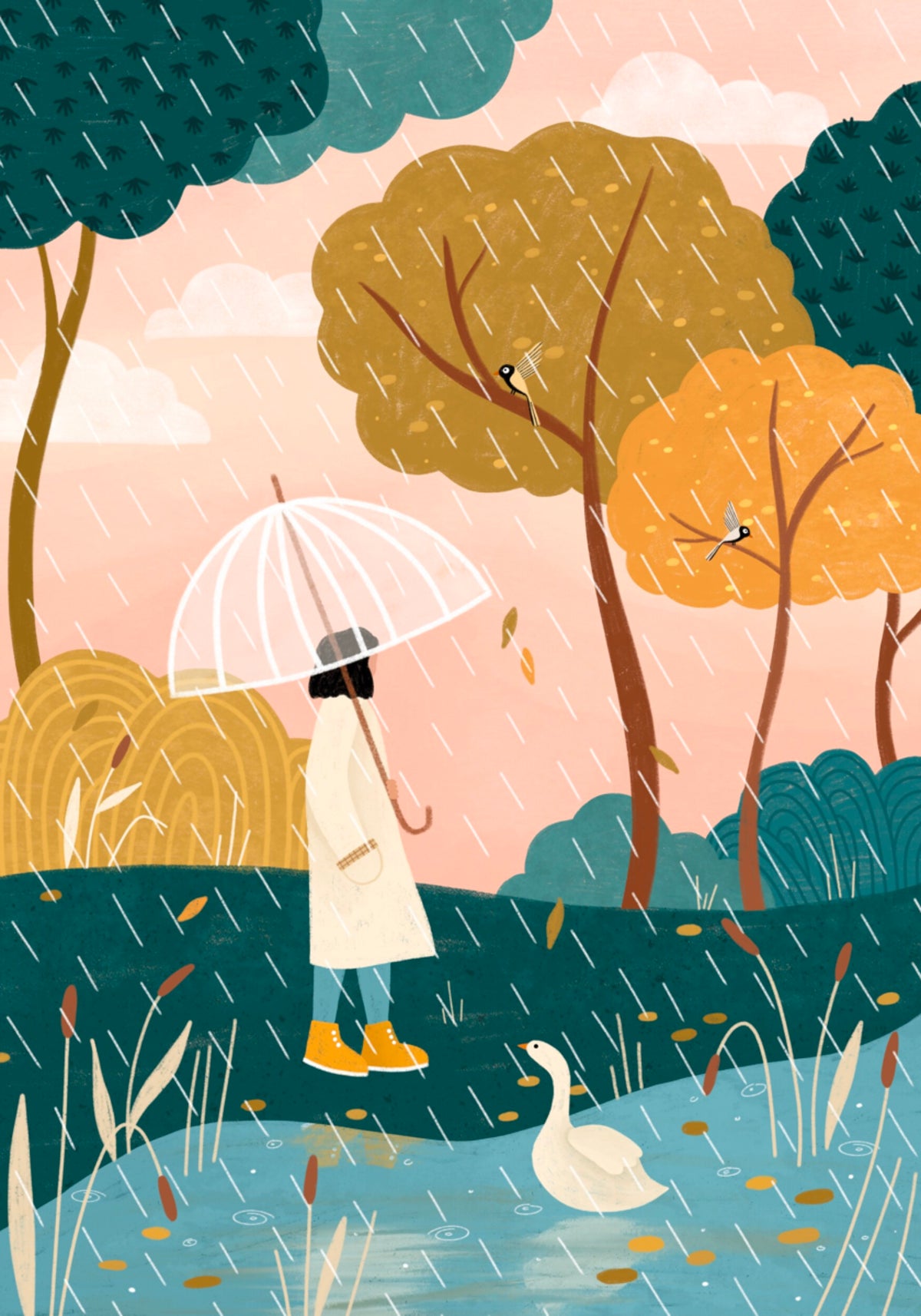 Caminando bajo la lluvia de otoño