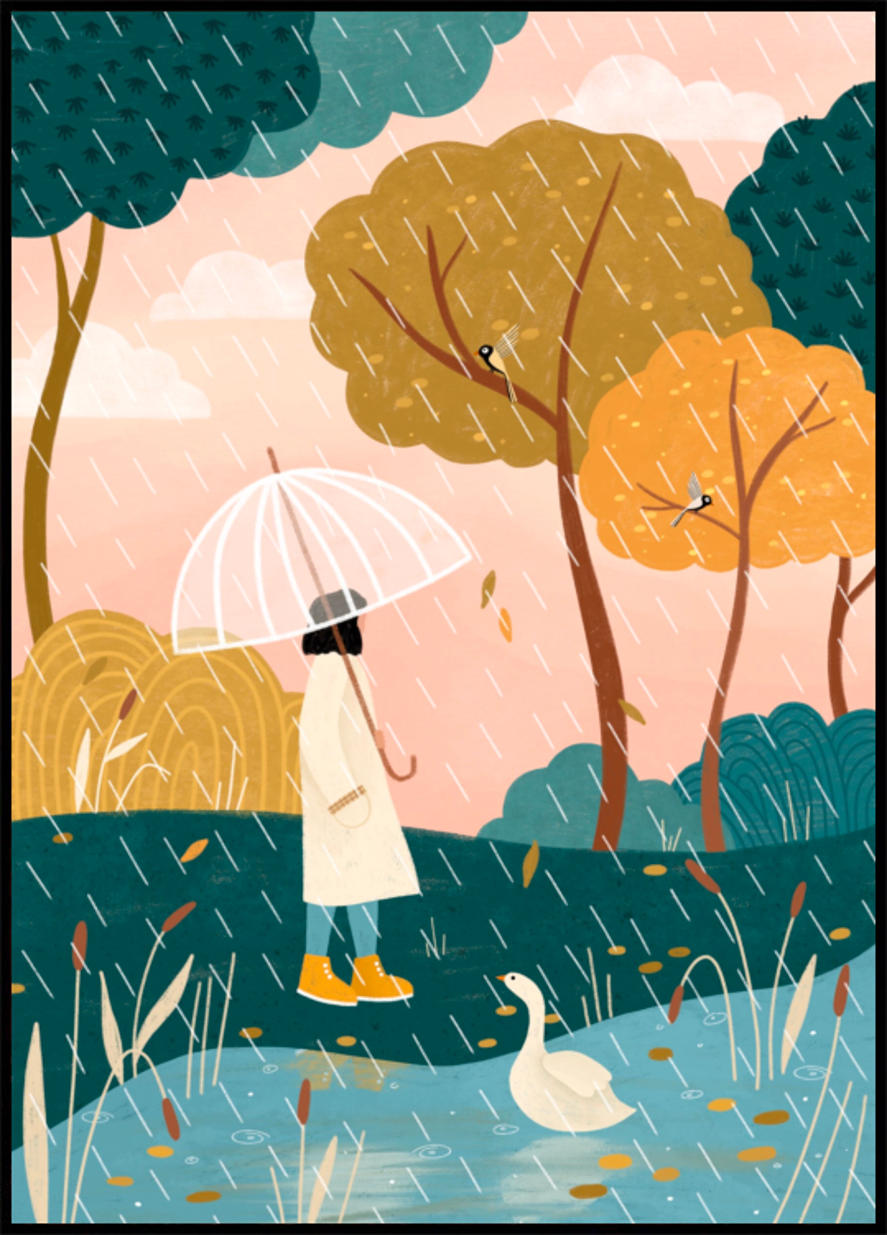 Caminando bajo la lluvia de otoño