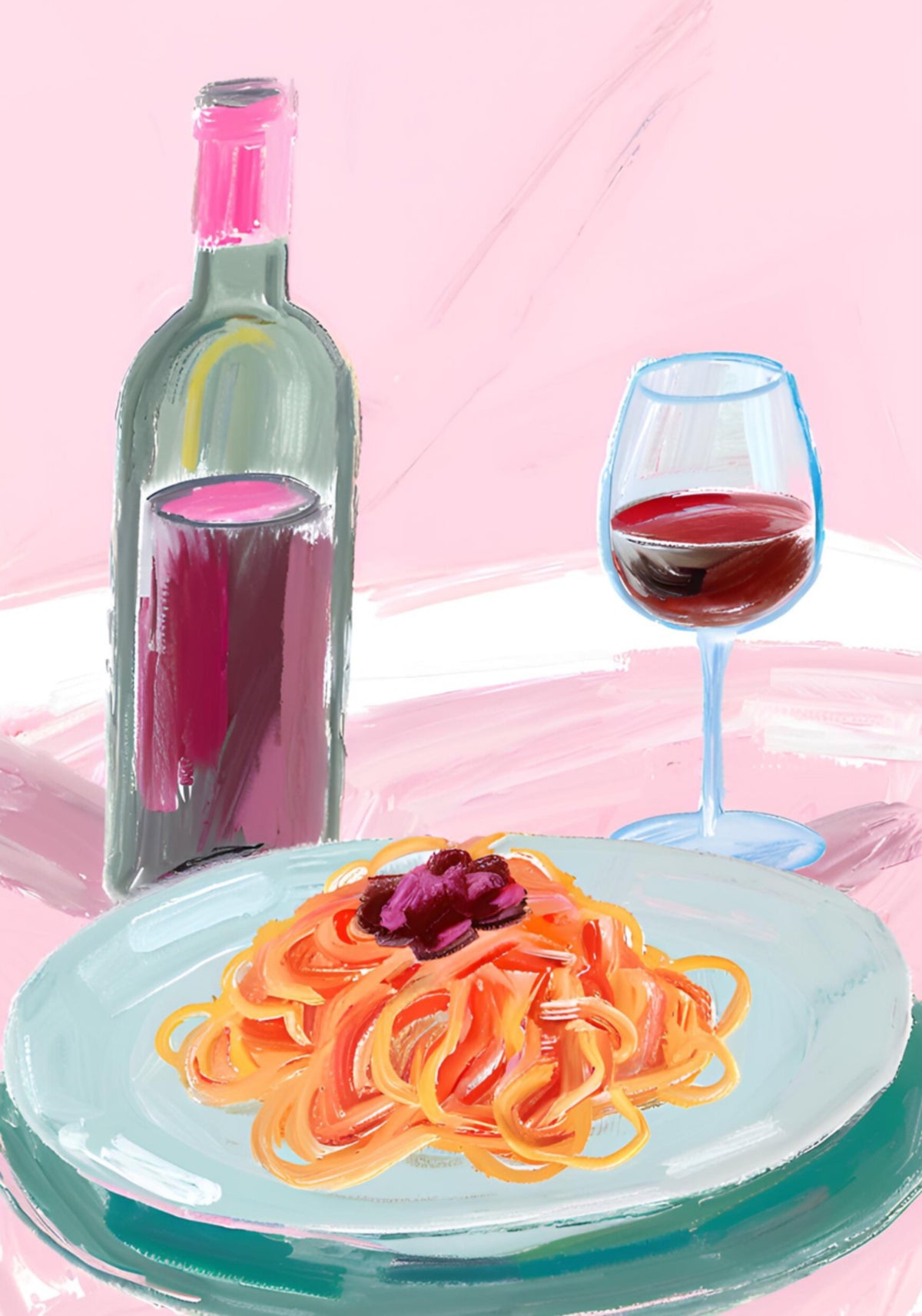 Espaguetis y vino tinto
