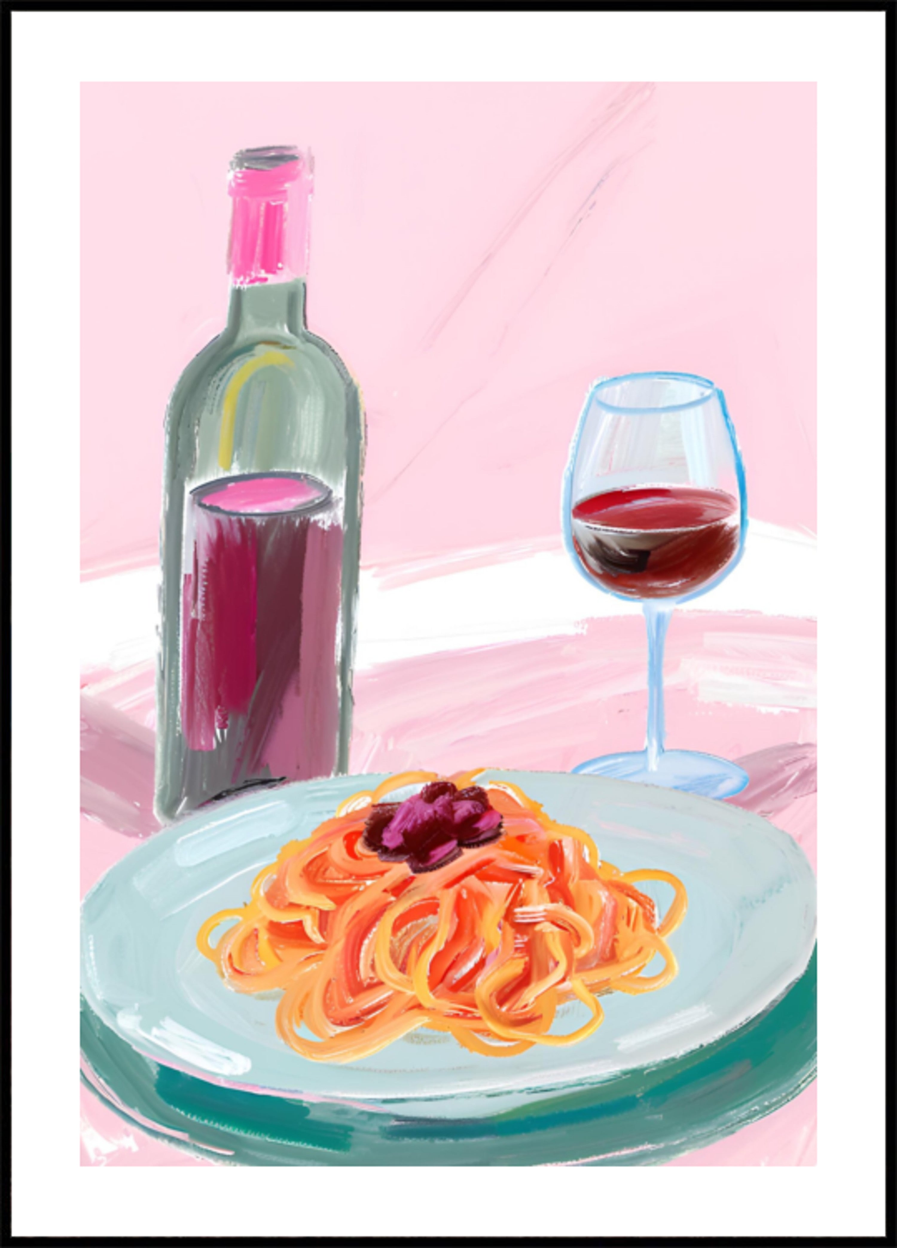 Espaguetis y vino tinto