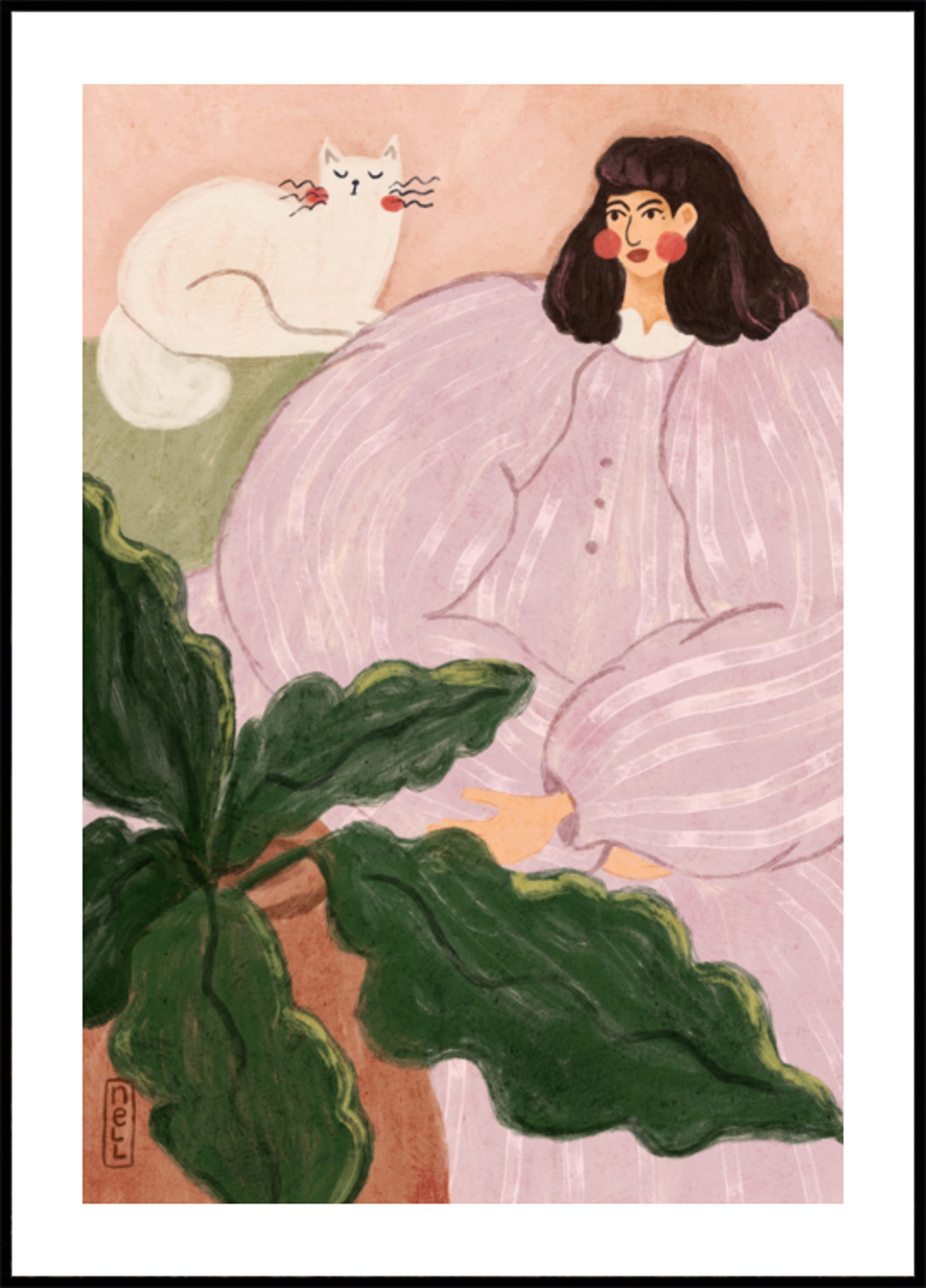 Mujer acogedora con gato
