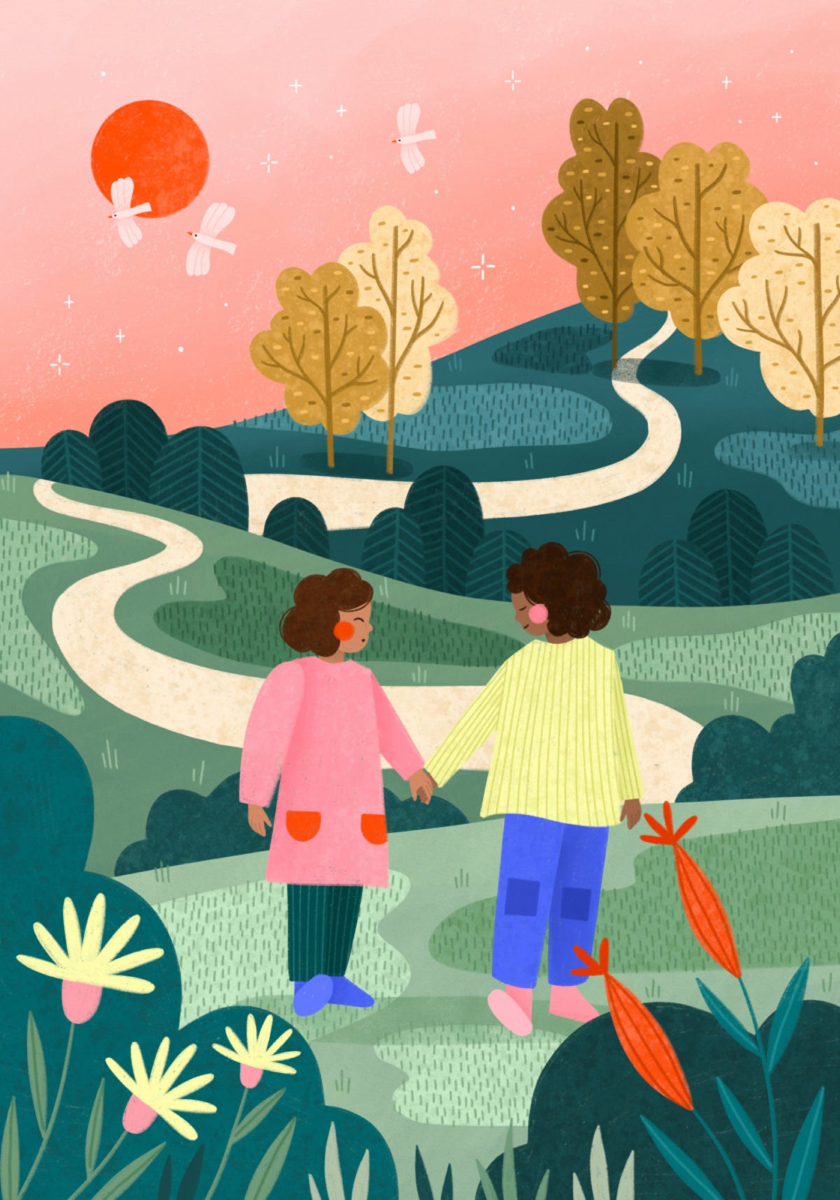 Amigos caminando por un camino sinuoso