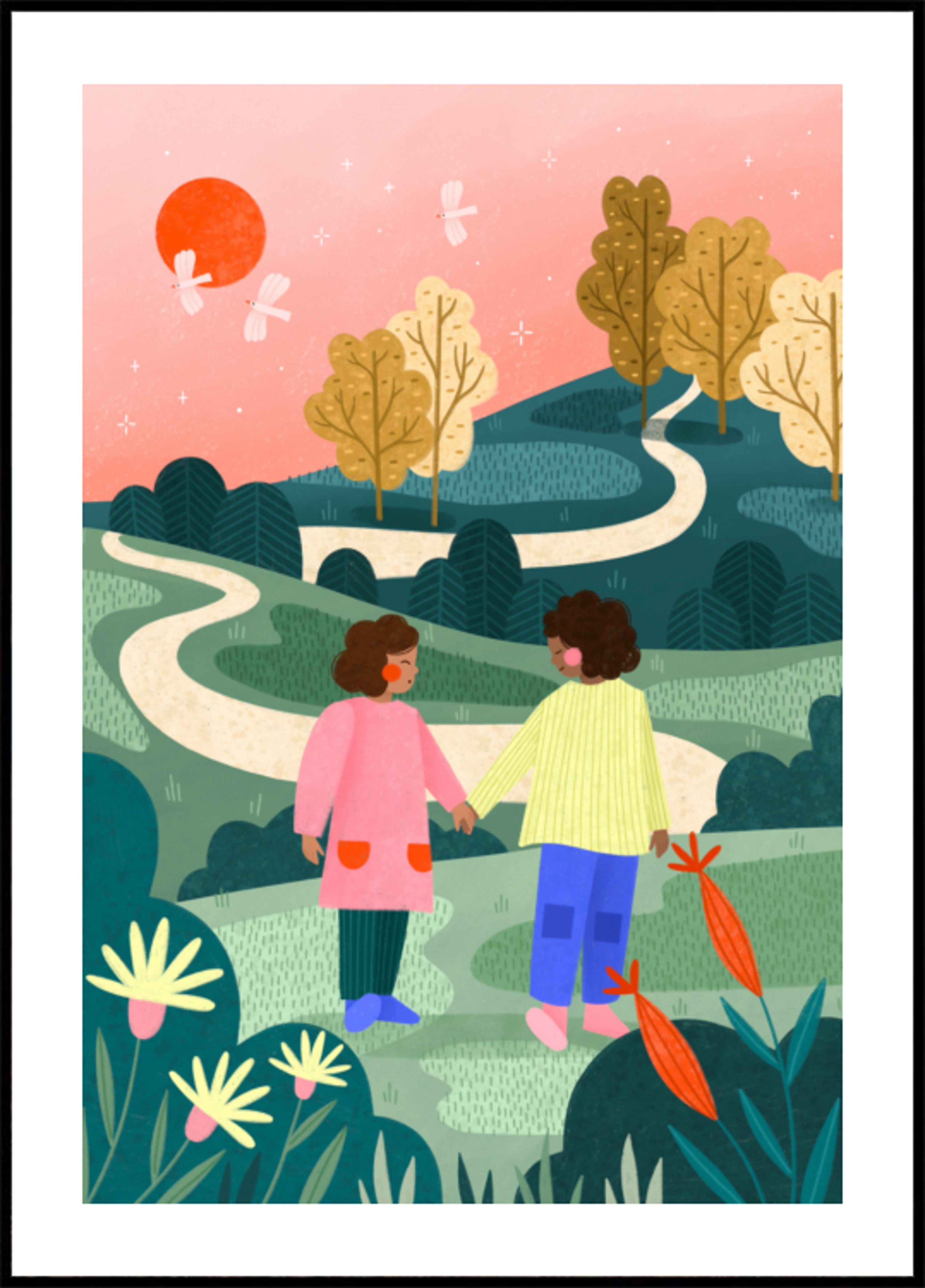 Amigos caminando por un camino sinuoso
