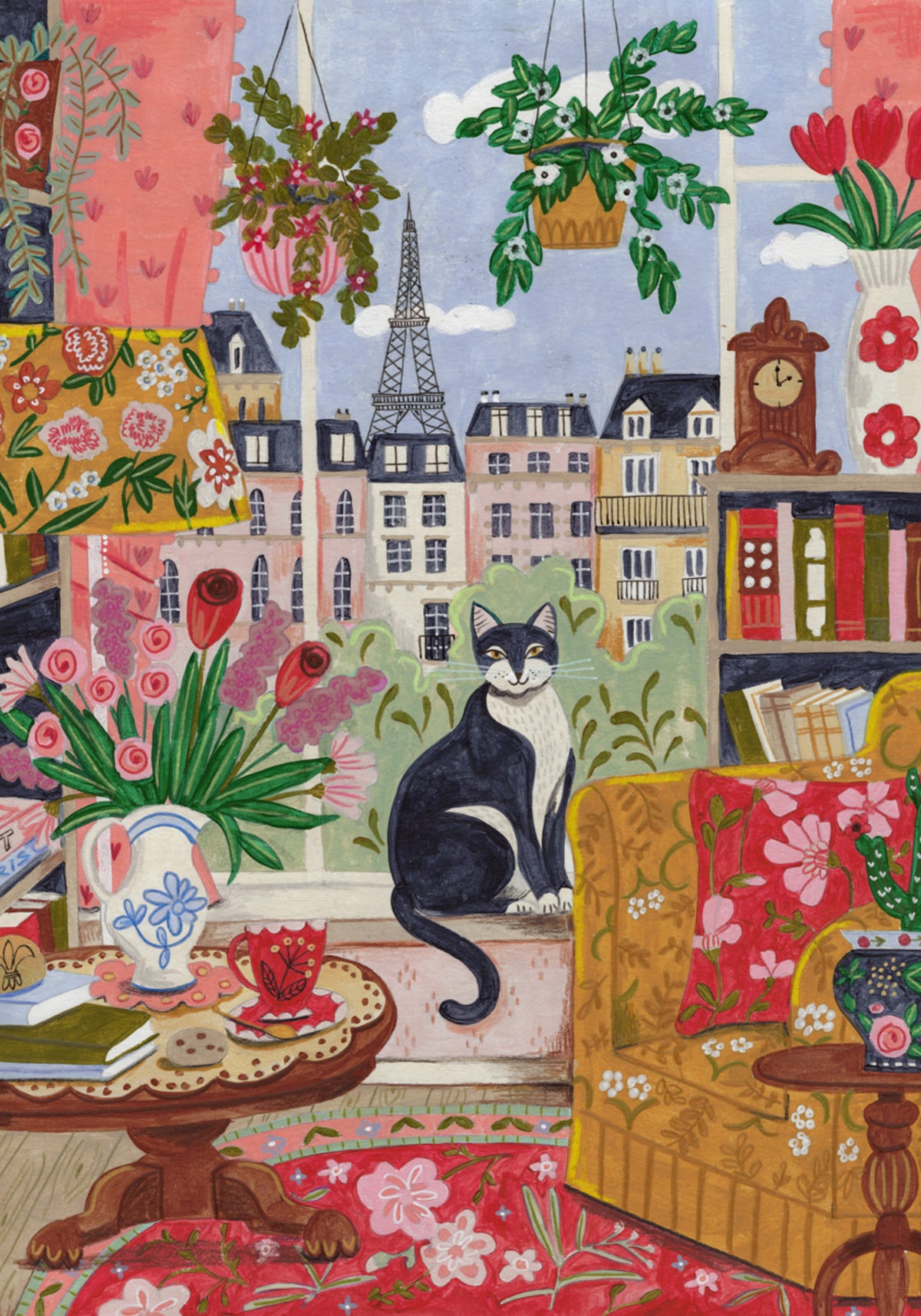 Gato delante de la ventana en colores brillantes de París