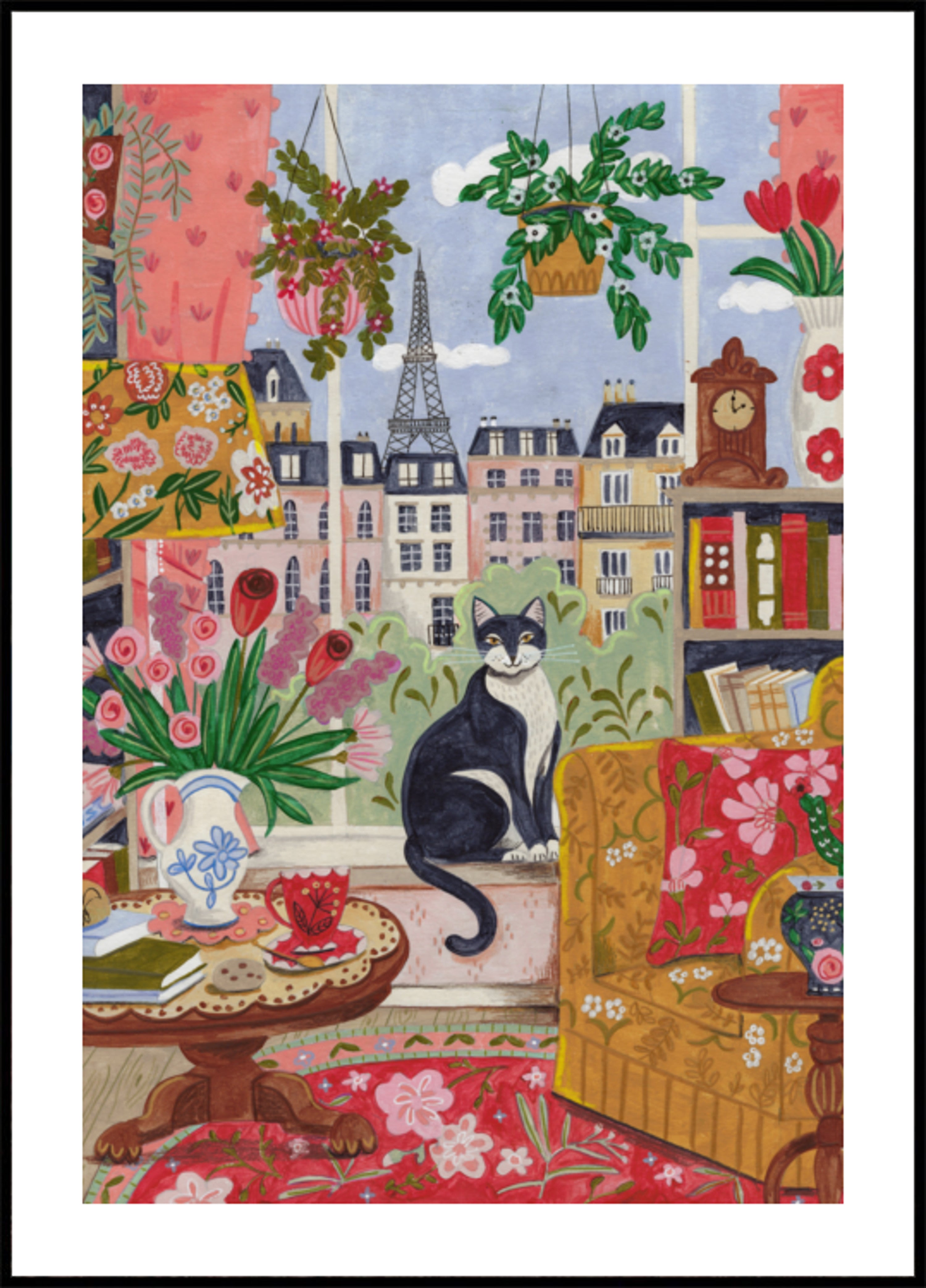 Gato delante de la ventana en colores brillantes de París