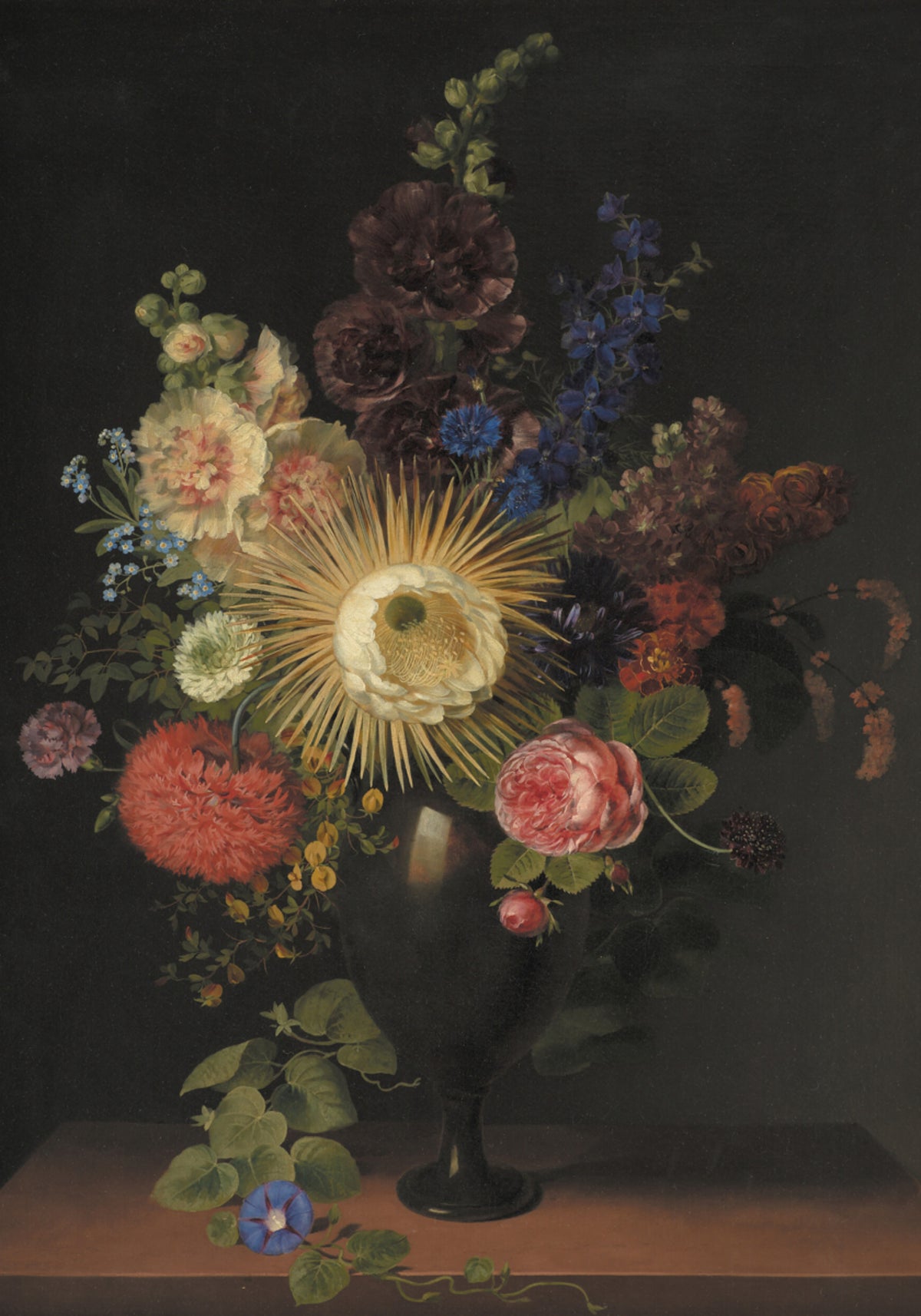 Un jarrón de pórfido con cactus grandiflora y otras flores de C. D. Fritzsch