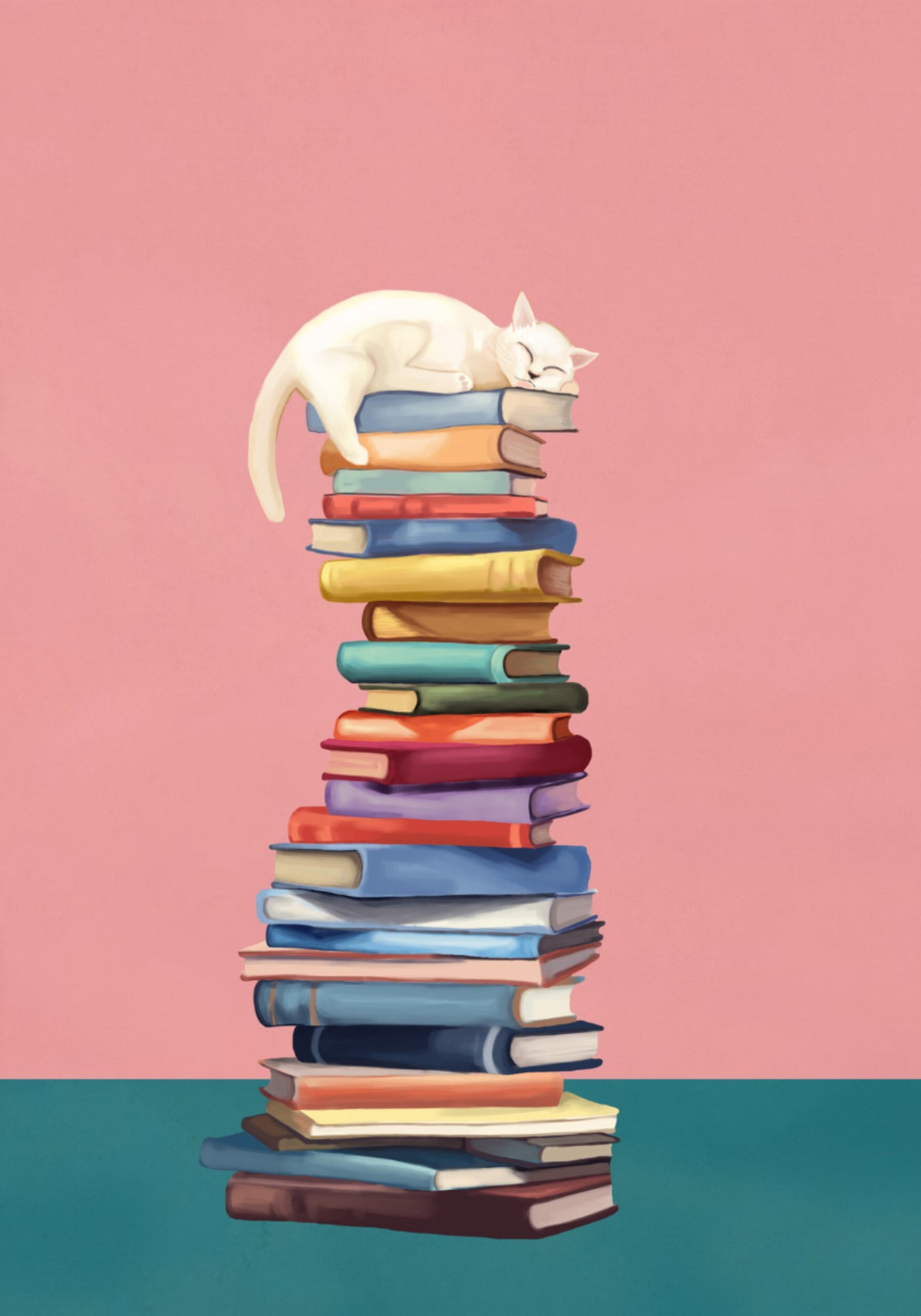 Gato acogedor en libros coloridos