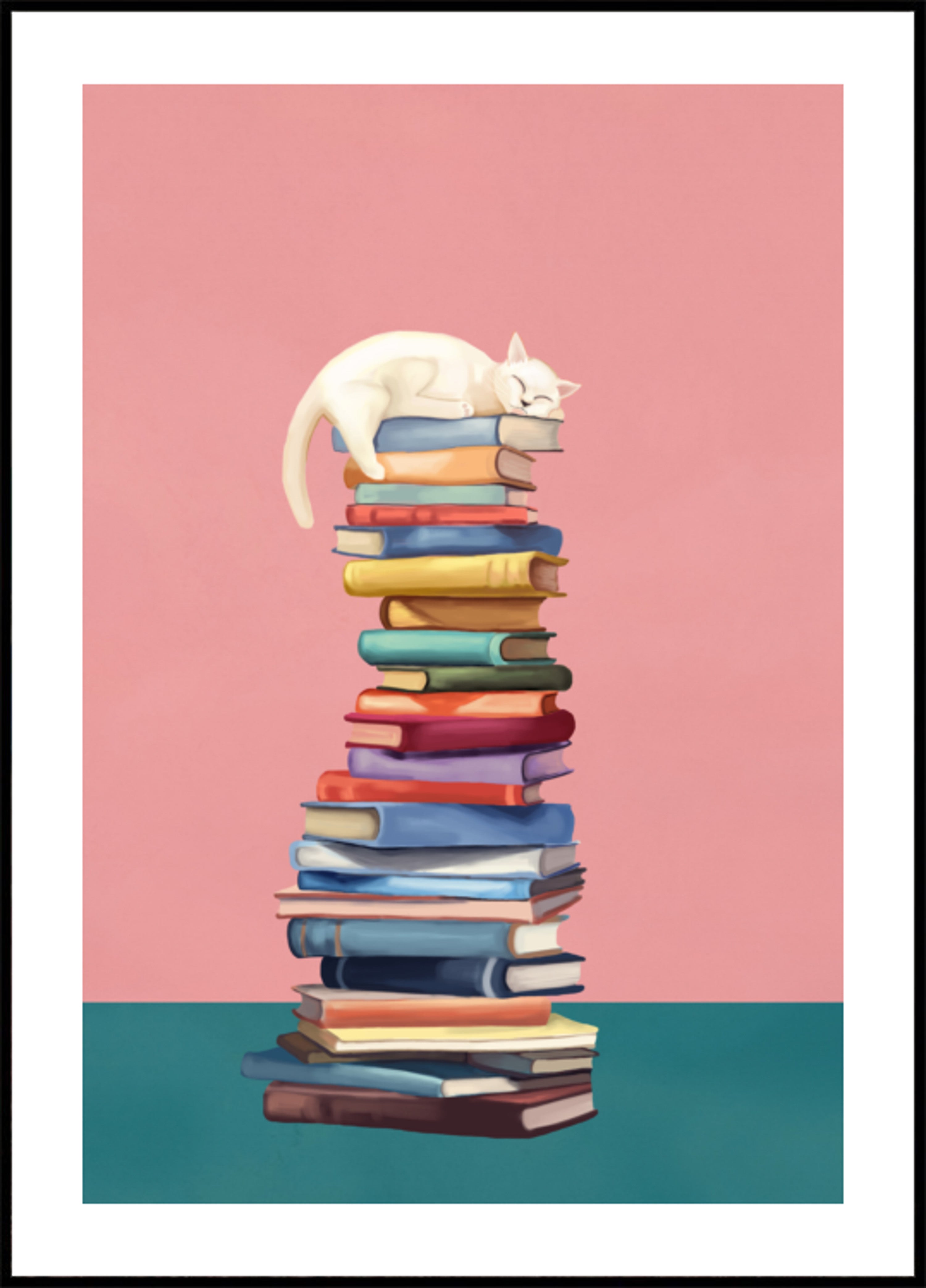 Gato acogedor en libros coloridos