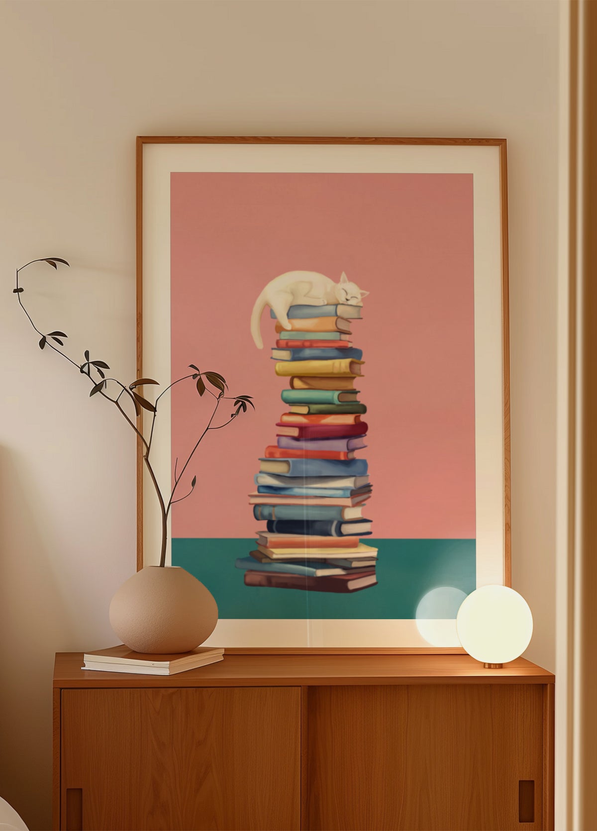 Gato acogedor en libros coloridos