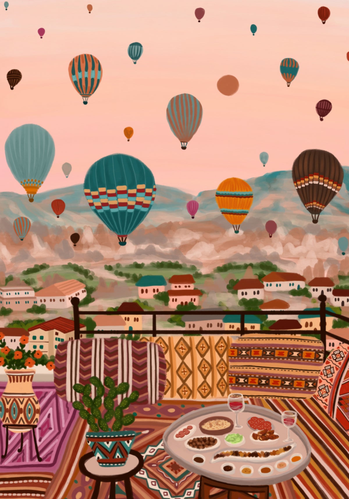 Cena con globos sobre la azotea