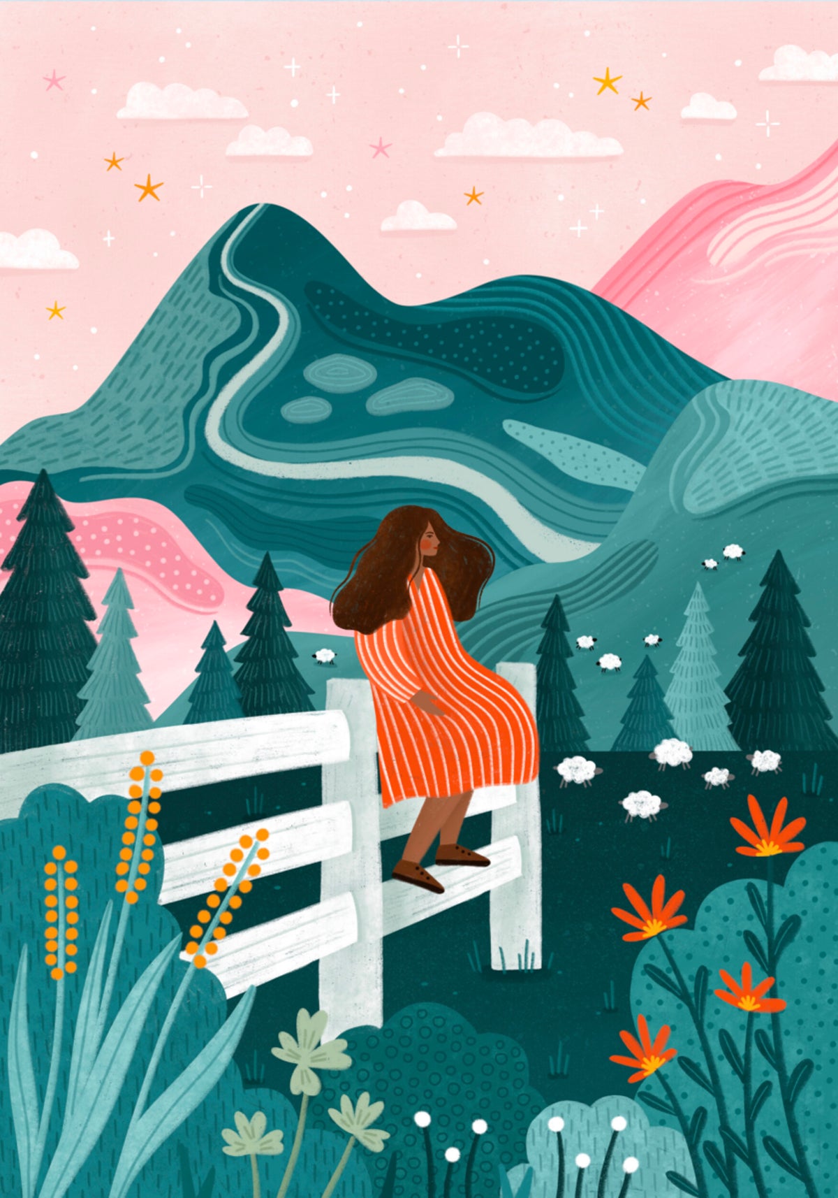 Mujer Noche Estrellada Rural