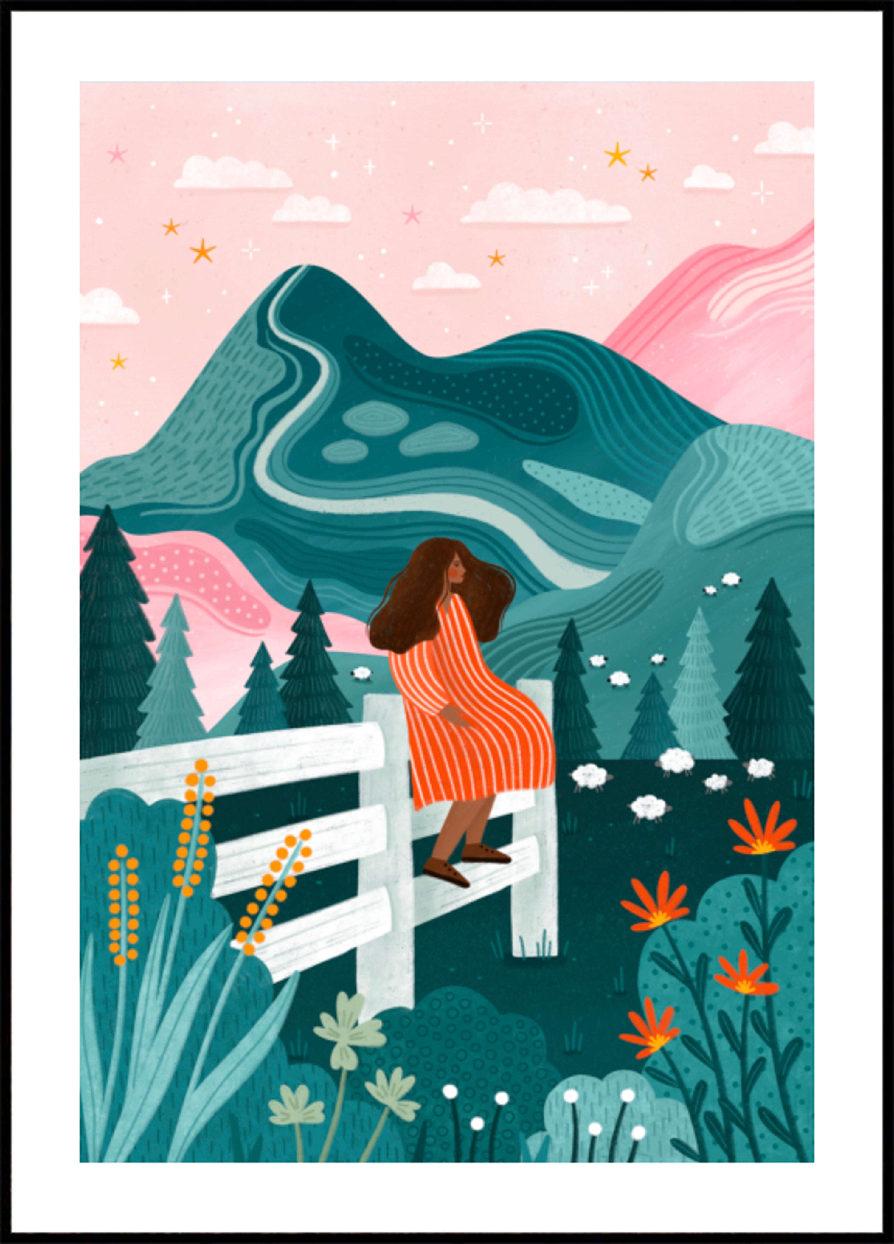 Mujer Noche Estrellada Rural