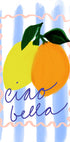 una vibrante ilustración de dos limones y una naranja, con la frase "ciao bella" escrita en cursiva debajo de ellos.