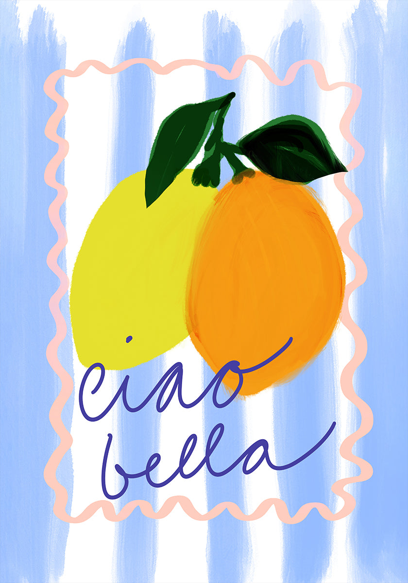 una vibrante ilustración de dos limones y una naranja, con la frase "ciao bella" escrita en cursiva debajo de ellos.