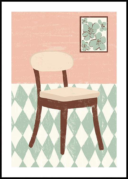 Una sencilla ilustración de una silla con un estampado floral en la pared detrás.