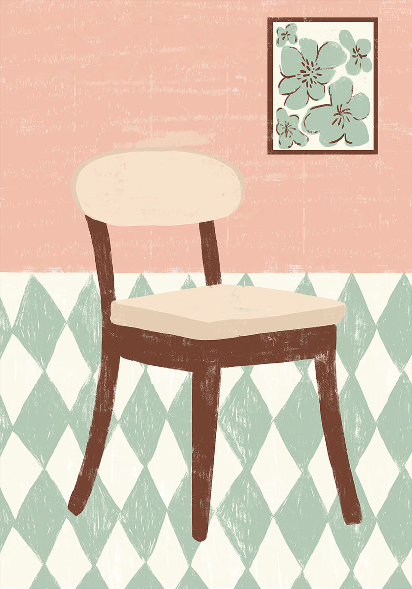Una ilustración sencilla de una silla de madera con un cojín blanco, sobre un suelo de cuadros rosas y verdes y una obra de arte floral enmarcada en la pared.