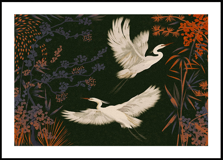 dos pájaros blancos en vuelo sobre un fondo verde oscuro, rodeados de coloridas flores y follaje.