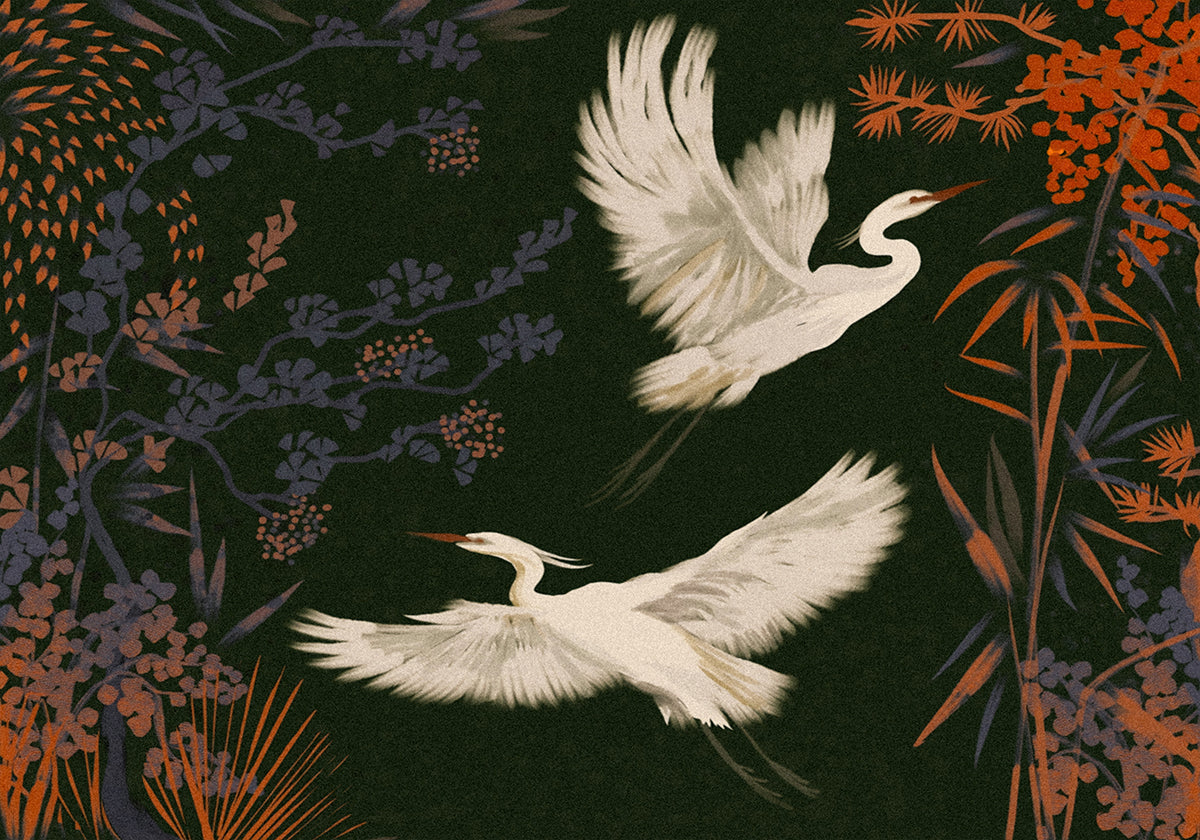 dos pájaros blancos en vuelo sobre un fondo verde oscuro, rodeados de vibrantes flores y follaje de color naranja y púrpura.