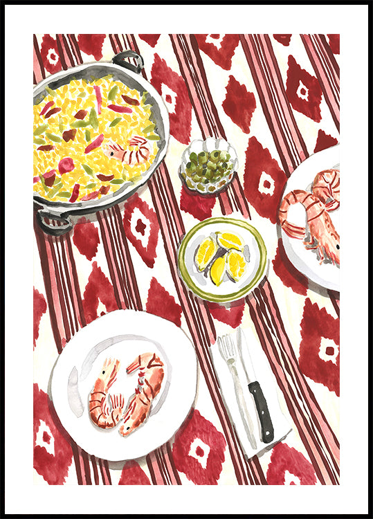 Una ilustración vibrante y colorida de una mesa puesta con una variedad de platos, incluido un plato grande de arroz, un plato de camarones y un plato de fruta.