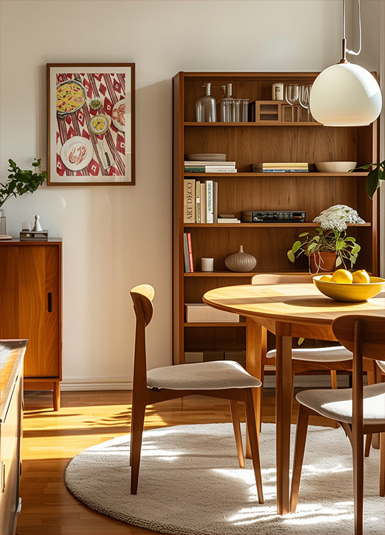 un acogedor comedor con mesa y sillas de madera, una estantería y una obra de arte enmarcada en la pared.