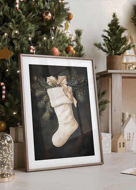 Christmas Stocking with Pine and Ribbon Plakat - Posterbox