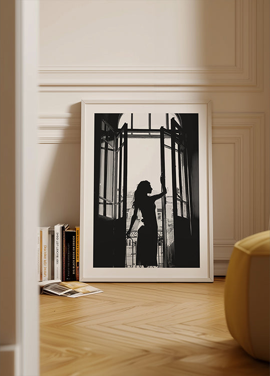 Póster con vista serena de un pueblo costero