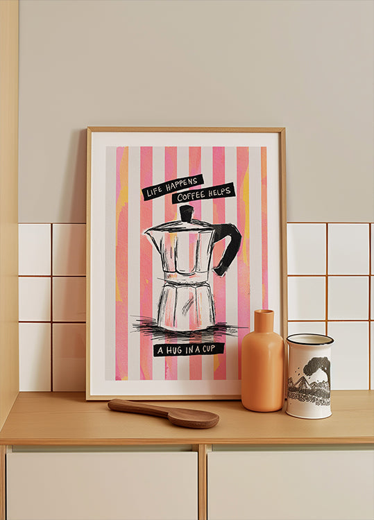 Café Mocca sobre rayas - Abrazo en una taza Póster
