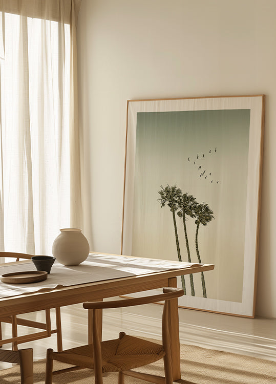 Palmeras minimalistas vintage y puesta de sol Póster