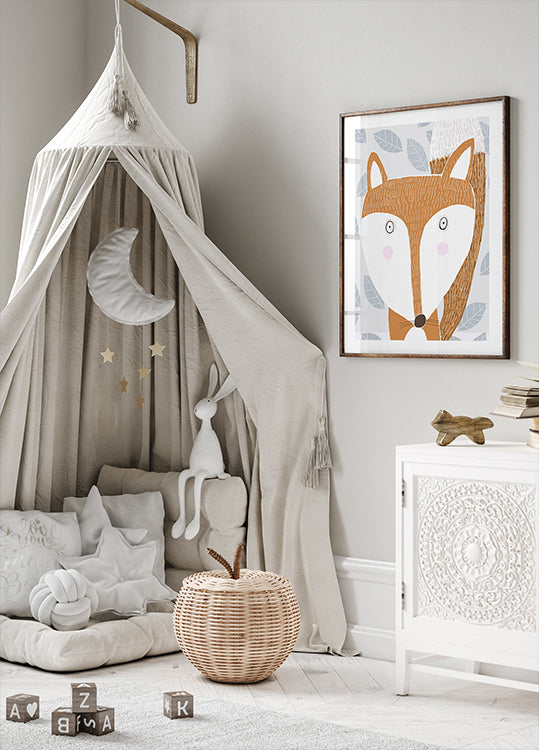 Lindo zorro rojo con patrón de hojas grises de la artista Carla Daly Póster