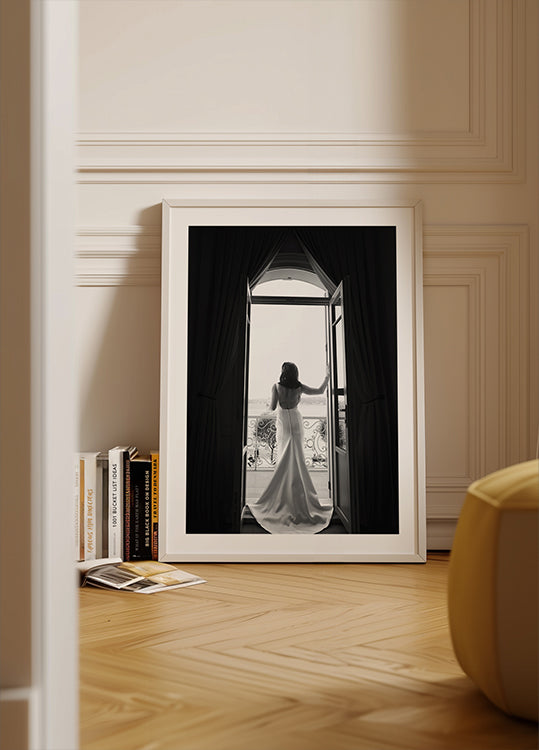 Póster con vista serena de un pueblo costero