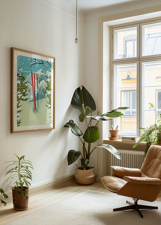 Esquí en la cima de la montaña Póster