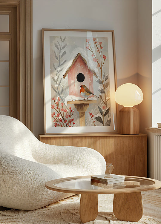 Póster Vogelhaus con Rotkehlchen y Pflanzen