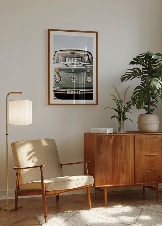 Póster Coches de diseño clásico en suaves tonos verdes.