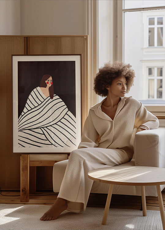 La mujer con rayas blancas y negras Póster