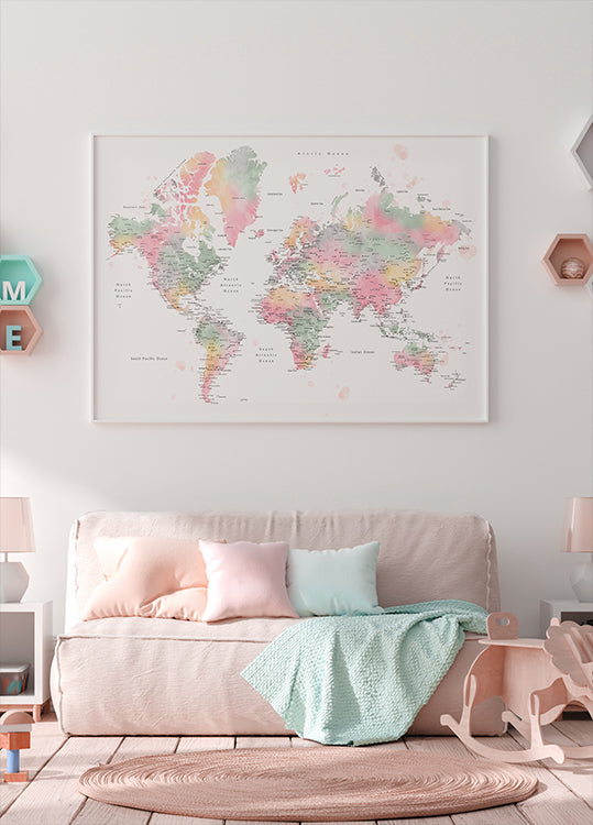Mapa mundial en acuarela pastel con ciudades, Anjah