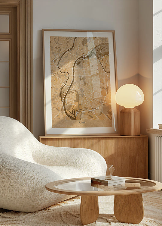 Mapa vintage sepia de Lyon Francia Póster