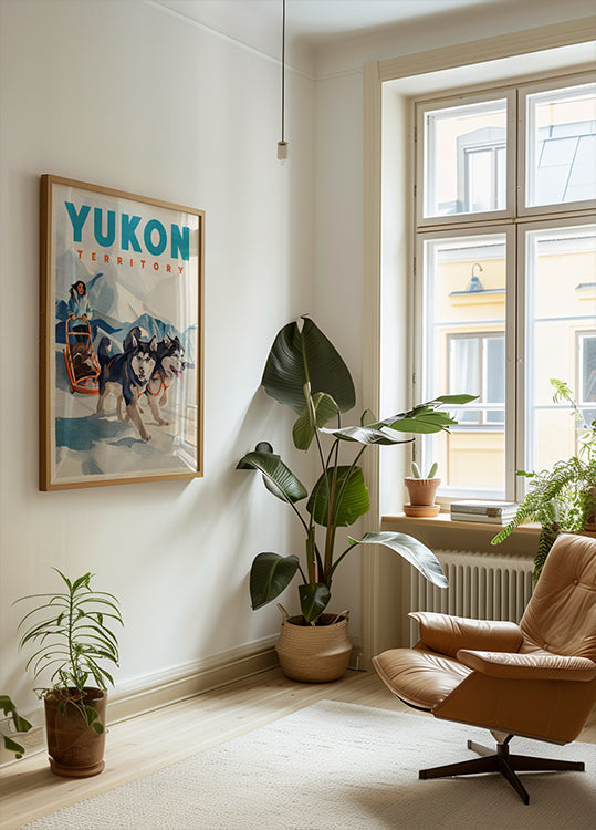 Póster de viaje en trineo tirado por perros en el territorio de Yukon