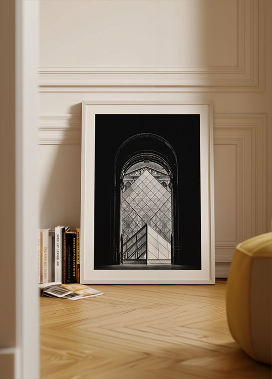 Póster con vista serena de un pueblo costero