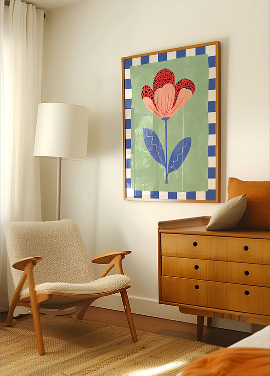 Flor estilizada con pétalos rojos y puntos negros Póster