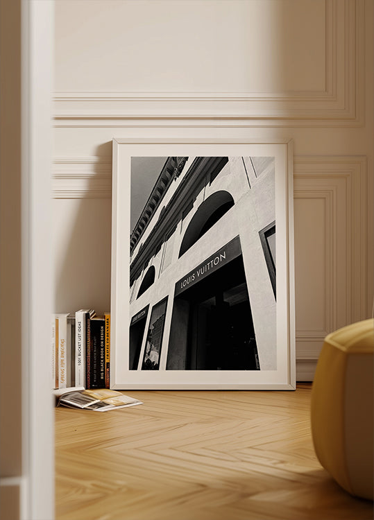 Póster con vista serena de un pueblo costero