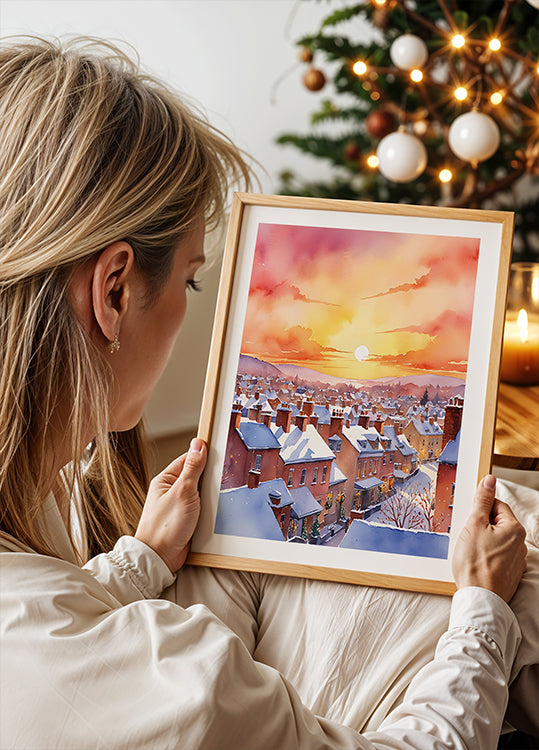 Amanecer de la mañana de Navidad nevada Póster