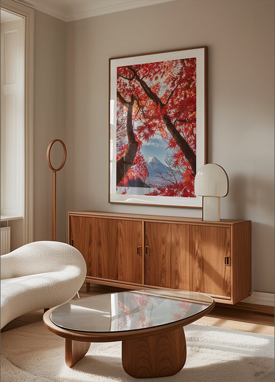 El monte Fuji está en las hojas de otoño Póster