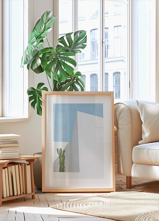 Vista mínima del desierto, cactus y geometría Póster