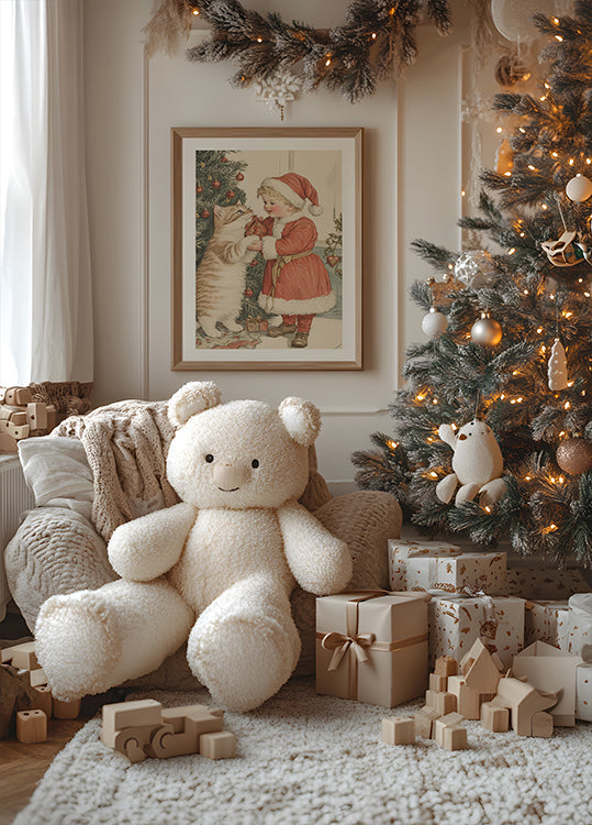 Póster Navidad niño y gato