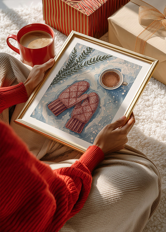 Handschuhe im Schnee mit Kakao Póster